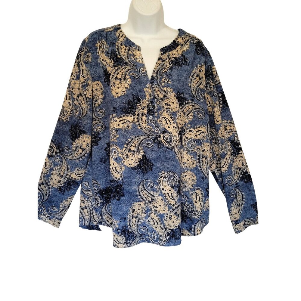 Womens Top XL Paisley Blue Long Sleeve Blouse V Neck Cuff Sleeve Light Weight Tu